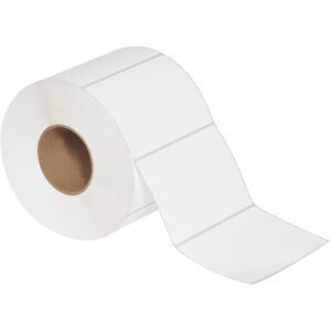 The MH-USA 6 x 4 white thermal transfer labels (1500/roll) include perforations between each label on a brown cardboard core, with several labels ready for use.