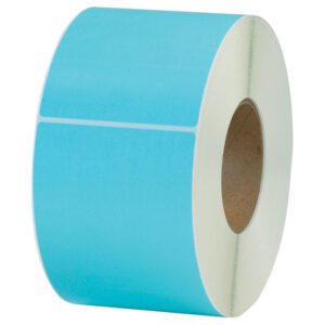 A roll of MH-USA 4 x 6 Light Blue Thermal Transfer Labels (1000/Roll) features a white border and brown cardboard core, showcasing its vibrant light blue color.