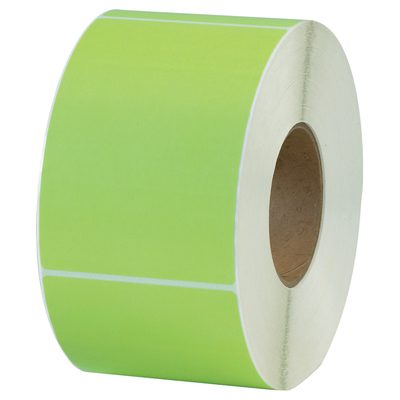 THL130GN.jpg A roll of MH-USA 4 x 6 Green Thermal Transfer Labels (1000/Roll) with a white backing is displayed on its side, showcasing the core center and outer label surface in vivid detail.