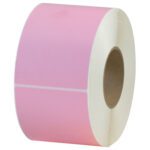 Displayed is a roll of MH-USA 4 x 6 Pink Thermal Transfer Labels (1000/Roll) with white backing, wound around a sturdy cardboard core and subtly divided by faint lines for easy separation.