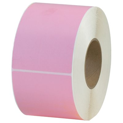 THL130PK.jpg Displayed is a roll of MH-USA 4 x 6 Pink Thermal Transfer Labels (1000/Roll) with white backing, wound around a sturdy cardboard core and subtly divided by faint lines for easy separation.