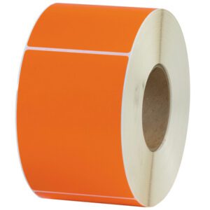 A MH-USA 4 x 6 roll of orange thermal transfer labels with a white border between labels, featuring a visible inner cardboard core and containing 1000 labels per roll, ideal for all your labeling needs.