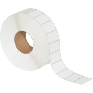 The MH-USA 2 1/4 x 1 1/4 Direct Thermal Labels (5087/Roll) offer a seamless strip of rectangular white labels with a brown core, ideal for printing or writing.