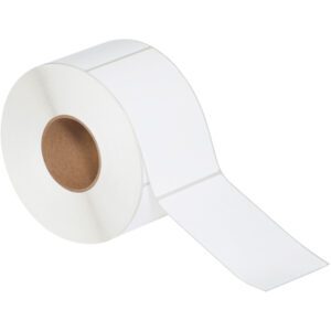 MH-USA 4 x 6 Direct Thermal Labels (1000/Roll) feature blank white rectangular labels on a continuous strip with a brown cardboard core, partially unrolled.