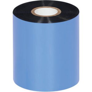 A MH-USA 3.14 x 1476 Black Zebra Thermal Transfer Ribbon from a case of 24 is wrapped in blue, standing upright to display its black wax surface at both ends.