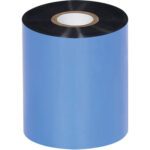 A large roll of MH-USA 3.27 x 1476 black thermal transfer ribbon with a black core stands upright against a white background, tightly wound and smooth surfaced, resembling the Zebra Thermal Transfer Ribbons - Wax variety (24 Rolls/Case).