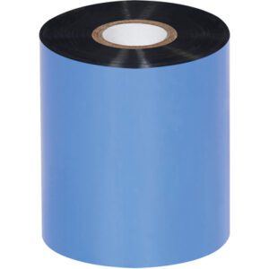 A large roll of MH-USA 3.27 x 1476 black thermal transfer ribbon with a black core stands upright against a white background, tightly wound and smooth surfaced, resembling the Zebra Thermal Transfer Ribbons - Wax variety (24 Rolls/Case).