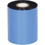 A 3.54 x 1476 MH-USA Black Zebra thermal transfer ribbon features a blue outer layer, black inner side, and a white core, ideal for seamless wax printing. Available in cases of 24 rolls.