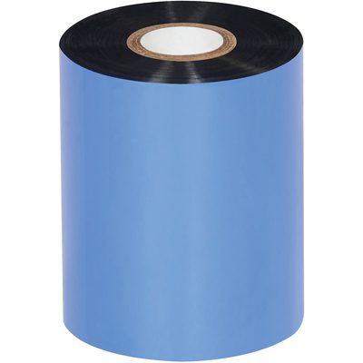 THT108.jpg A 3.54 x 1476 MH-USA Black Zebra thermal transfer ribbon features a blue outer layer, black inner side, and a white core, ideal for seamless wax printing. Available in cases of 24 rolls.