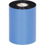 A large roll of blue thermal transfer ribbon with a black center strip, upright, resembling the MH-USA 4.02 x 1476 Black Zebra Thermal Transfer Ribbons - Wax (24 Rolls/Case), features a white core and an inner brown stripe.