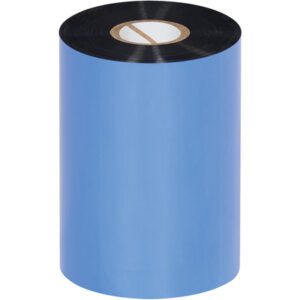 A large roll of blue thermal transfer ribbon with a black center strip, upright, resembling the MH-USA 4.02 x 1476 Black Zebra Thermal Transfer Ribbons - Wax (24 Rolls/Case), features a white core and an inner brown stripe.