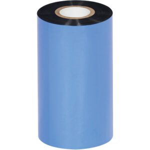 An upright MH-USA 4.33 x 984 Black Zebra Thermal Transfer Ribbon, from a case of 24, appears cylindrical with a blue exterior wrapping and a light core visible at the top center.