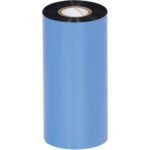 A large blue roll, standing upright, resembles the MH-USA 5.12 x 984 Black Zebra Thermal Transfer Ribbons - Wax. A black strip at its top suggests a use in printing or as a specialized adhesive, featuring a cardboard core.