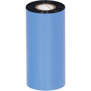 A large blue roll, standing upright, resembles the MH-USA 5.12 x 984 Black Zebra Thermal Transfer Ribbons - Wax. A black strip at its top suggests a use in printing or as a specialized adhesive, featuring a cardboard core.