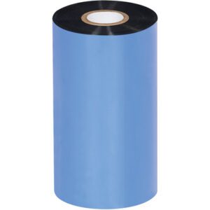 A large blue thermal transfer ribbon with a black core stands vertically against a plain white background, resembling the MH-USA 5.12 x 1476 Black Zebra Thermal Transfer Ribbons - Wax, available in cases of 24 rolls.