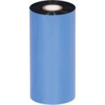A large roll of blue thermal transfer ribbon stands upright against a white background, with its brown inner core visible, resembling the MH-USA 6.02 x 1476 Black Zebra Thermal Transfer Ribbons - Wax (12 Rolls/Case).