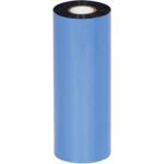 The glossy surface of the blue cylindrical roll of thermal transfer ribbon, like the MH-USA 6.50 x 984 Black Zebra Thermal Transfer Ribbon - Wax, shines upright. Partially unwound, its white core is visible while the top reflects light elegantly.