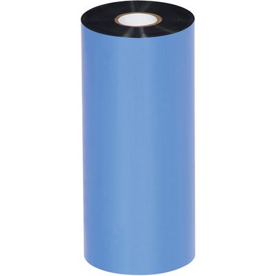 THT117.jpg A large roll of MH-USA 6.50 x 1476 Black Zebra Thermal Transfer Ribbon, wax type, stands upright on a white background showcasing its crisp black edges; each case includes 12 rolls.