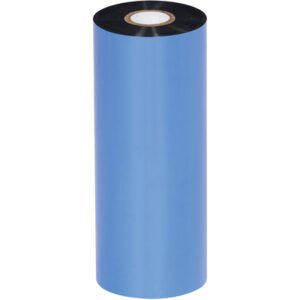 The MH-USA 7.09 x 1476 Black Zebra thermal transfer ribbon roll, designed for wax printing, features a white core with its black inner ribbon showcased upright against a plain white background. (12 Rolls/Case).