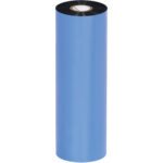 A tall roll of glossy, light blue wrapping material stands against a white backdrop, resembling the sleek texture of MH-USA 8.66 x 1476 Black Zebra Thermal Transfer Ribbons.