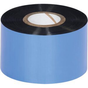 A shiny, tightly wound blue printing ribbon with a black edge and cardboard core resembles the MH-USA 1.57 x 1181 Black Datamax Thermal Transfer Ribbons - Wax (48 Rolls/Case).