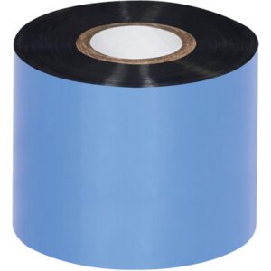 A large 2.01 x 1181 black MH-USA Datamax thermal transfer ribbon with blue wax and a cardboard core is upright on a white background.