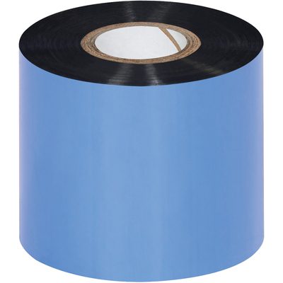 THT122.jpg A vertical large roll of MH-USA 2.36 x 1181 black thermal transfer ribbon reveals an outer blue layer and inner black wax, with the cardboard core visible from above. Available as 36-roll cases, this Datamax ribbon is designed for convenience.