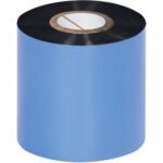 A vertical roll of MH-USA 2.52 x 1181 Black Datamax Thermal Transfer Ribbon, wax type from a 36-roll case, with a blue exterior and black edge, is set against a white background.