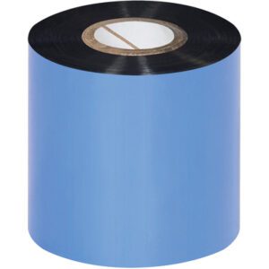 A vertical roll of MH-USA 2.52 x 1181 Black Datamax Thermal Transfer Ribbon, wax type from a 36-roll case, with a blue exterior and black edge, is set against a white background.