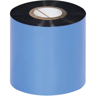 THT123.jpg A vertical roll of MH-USA 2.52 x 1181 Black Datamax Thermal Transfer Ribbon, wax type from a 36-roll case, with a blue exterior and black edge, is set against a white background.
