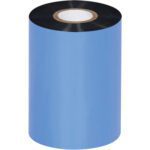 A large glossy blue ribbon roll with a white core stands upright against a neutral background, resembling the sleek design of the MH-USA 3.50 x 1181 Black Datamax Thermal Transfer Ribbons - Wax. The black interior peeks at the edges for an elegant finish.