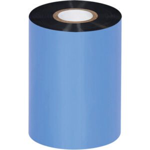 A large glossy blue ribbon roll with a white core stands upright against a neutral background, resembling the sleek design of the MH-USA 3.50 x 1181 Black Datamax Thermal Transfer Ribbons - Wax. The black interior peeks at the edges for an elegant finish.