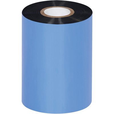 THT126.jpg A large glossy blue ribbon roll with a white core stands upright against a neutral background, resembling the sleek design of the MH-USA 3.50 x 1181 Black Datamax Thermal Transfer Ribbons - Wax. The black interior peeks at the edges for an elegant finish.
