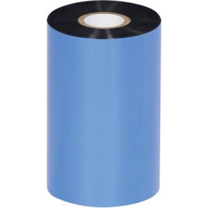 A large roll of blue ribbon with a black inner circle and white core, similar to the MH-USA 4.33 x 1181 Black Datamax Thermal Transfer Ribbons - Wax (24 Rolls/Case), stands upright against a white background.