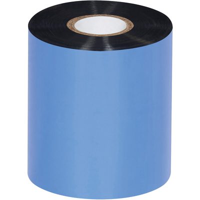 THT132.jpg MH-USA 3.00 x 1345 Black Sato Thermal Transfer Ribbons are wax-based and sold in cases of 24 rolls, suitable for Sato printers; each roll has a visible inner core and blue outer wrap.