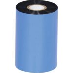 A large roll of MH-USA 4.02 x 1345 black Sato thermal transfer ribbon with a white core stands upright, showcasing its cylindrical shape. Each case contains 24 rolls of high-quality wax ribbons, perfect for precise and reliable printing.