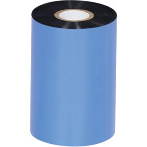 A large roll of MH-USA 4.02 x 1345 black Sato thermal transfer ribbon with a white core stands upright, showcasing its cylindrical shape. Each case contains 24 rolls of high-quality wax ribbons, perfect for precise and reliable printing.