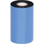A large roll of blue thermal transfer ribbon, partially unspooled on a solid white background, evokes the quality of MH-USAs 4.33 x 1345 black wax ribbons (24 rolls/case), with its central core visibly standing out.