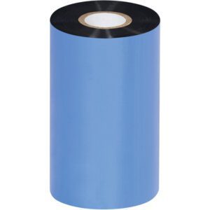 A large roll of blue thermal transfer ribbon, partially unspooled on a solid white background, evokes the quality of MH-USAs 4.33 x 1345 black wax ribbons (24 rolls/case), with its central core visibly standing out.