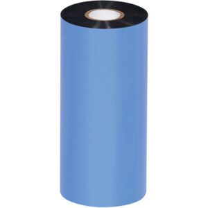 A large blue industrial roll with a black core, similar to the MH-USA Black Sato Thermal Transfer Ribbons - Wax (12 Rolls/Case), stands upright against a white background, exuding durability and quality.