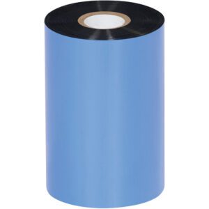 A large roll of blue thermal transfer ribbon, tightly wound around a white core, has a shiny surface reminiscent of the premium MH-USA 4.33 x 1476 Black Zebra Thermal Transfer Ribbons - Wax/Resin blend (24 rolls/case).