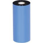 A large roll of MH-USA 6.50 x 1476 black Zebra thermal transfer ribbon (wax/resin) stands vertically on a white backdrop, tightly wound around a solid white core and ready for printing needs.