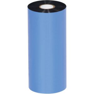 A large roll of MH-USA 6.50 x 1476 black Zebra thermal transfer ribbon (wax/resin) stands vertically on a white backdrop, tightly wound around a solid white core and ready for printing needs.