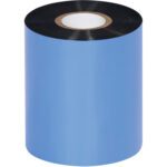 A large MH-USA 3.00 x 1181 black Datamax thermal transfer ribbon features a white circular core at the center and stands upright. Sold in wax/resin format, these ribbons are available in cases of 24 rolls each.