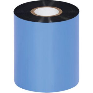 A large MH-USA 3.00 x 1181 black Datamax thermal transfer ribbon features a white circular core at the center and stands upright. Sold in wax/resin format, these ribbons are available in cases of 24 rolls each.