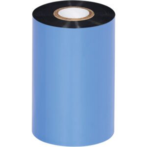 A large roll of MH-USA 4.02 x 1181 black Datamax thermal transfer ribbon, featuring a wax/resin composition and glossy finish, stands upright with a visible black inner cardboard core.