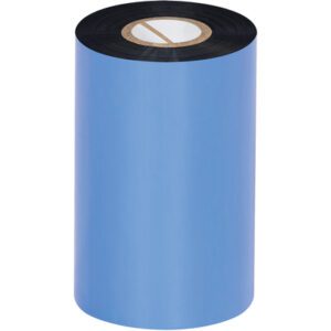 The MH-USA 4.02 x 1181 black Datamax thermal transfer ribbon, with a blue finish and central cardboard core, stands upright against a white background, highlighting its premium quality for printing needs. Available in resin with 6 rolls per case.