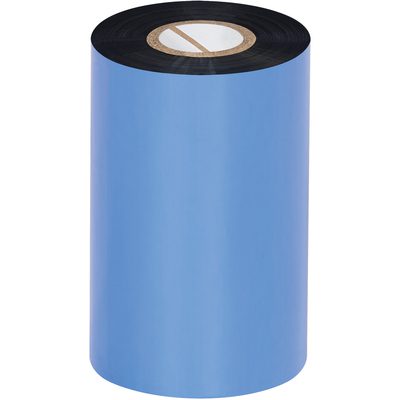 THT190.jpg The MH-USA 4.02 x 1181 black Datamax thermal transfer ribbon, with a blue finish and central cardboard core, stands upright against a white background, highlighting its premium quality for printing needs. Available in resin with 6 rolls per case.