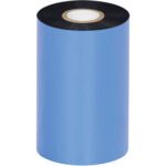 A large roll of blue thermal transfer ribbon, with a black outer layer and white core, resembles the MH-USA 4.33 x 1476 Black Zebra Thermal Transfer Ribbons - Resin (6 Rolls/Case), ideal for printing on diverse materials.