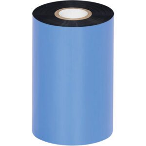 A large roll of blue thermal transfer ribbon, with a black outer layer and white core, resembles the MH-USA 4.33 x 1476 Black Zebra Thermal Transfer Ribbons - Resin (6 Rolls/Case), ideal for printing on diverse materials.